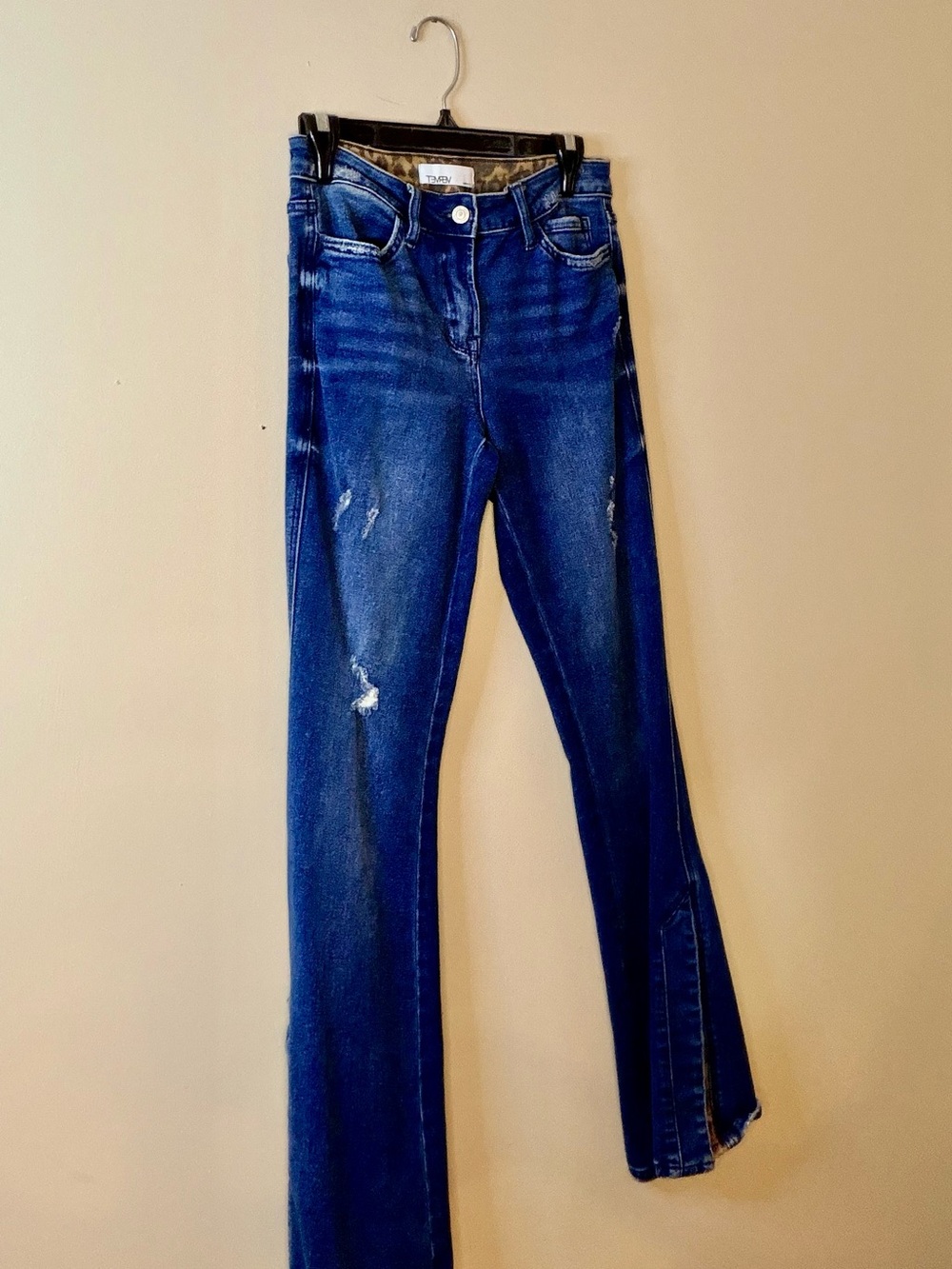 Dark Blue Distressed Flare Jeans - vervet